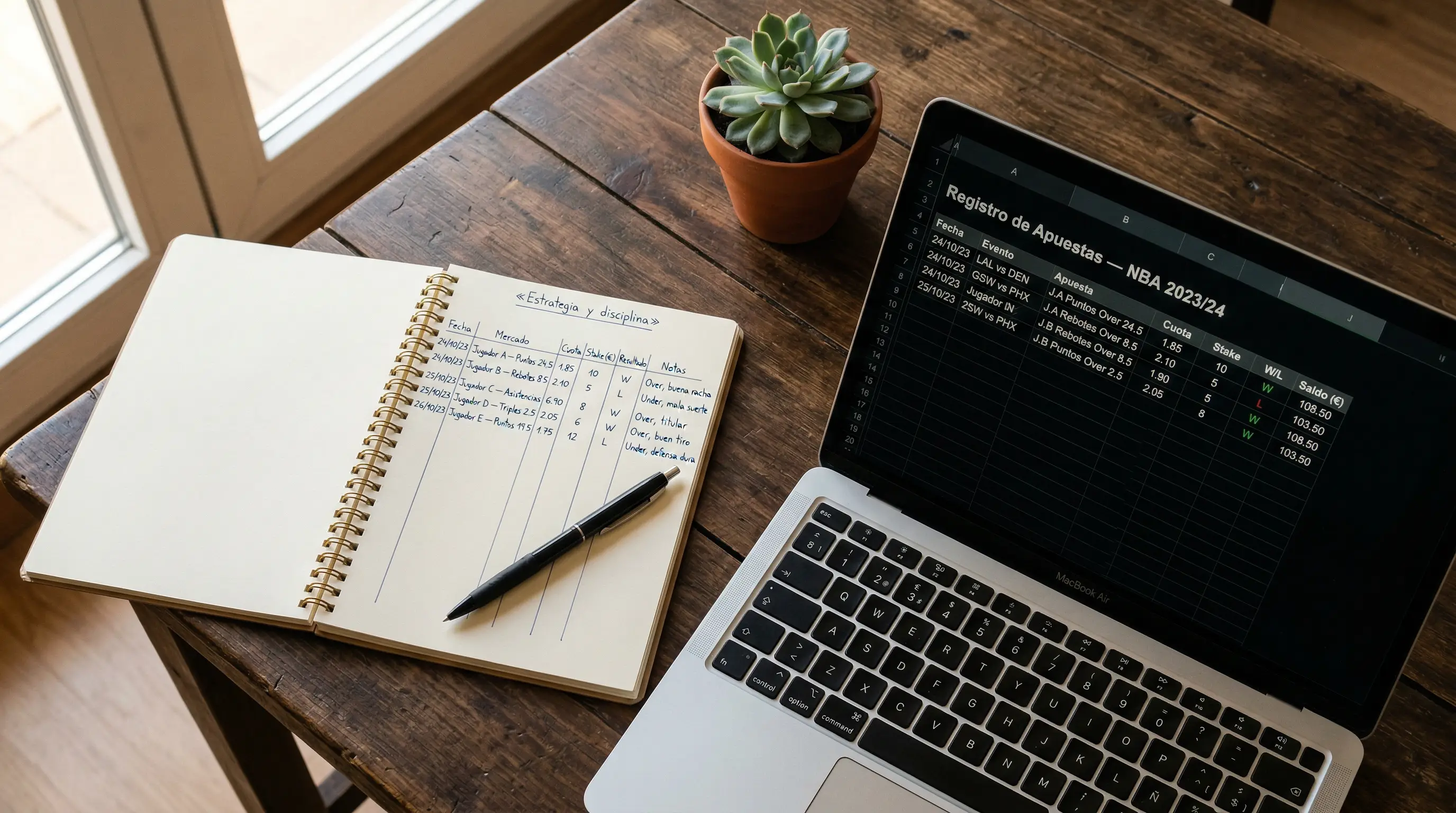 Espacio de trabajo con bloc de notas, bolígrafo y pantalla de portátil mostrando un registro de apuestas NBA