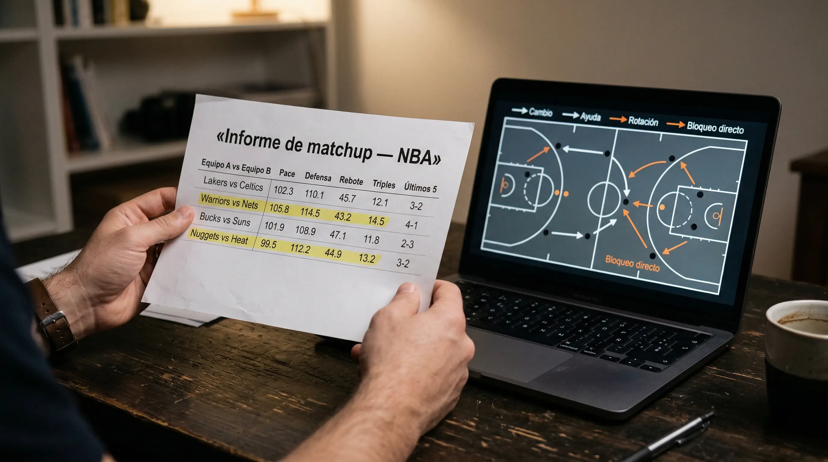 Persona analizando un matchup defensivo NBA con anotaciones sobre el rendimiento del jugador